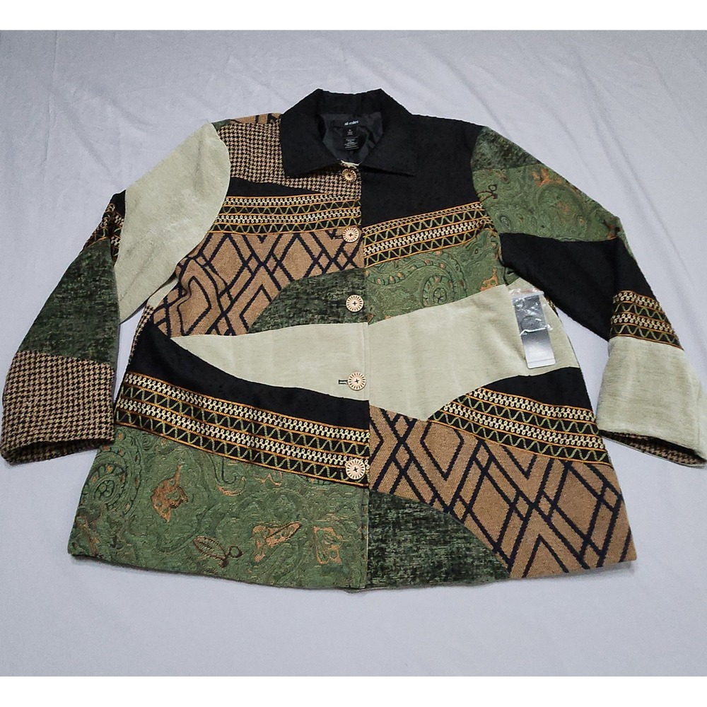 Ali Miles Patchwork Jacket XL Green Black Paisley Geometric Mixed Media NWT